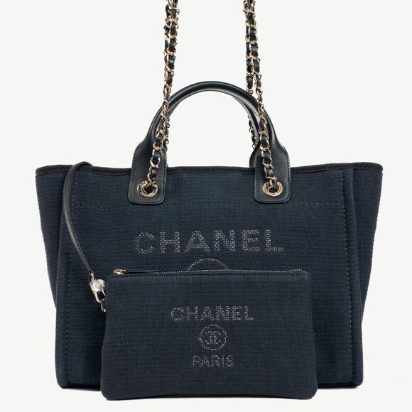 Chanel Small Deauville Black Canvas Logo Shopping Bag - Picture 1 of 16
